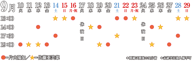 公演日時
2013年9月10日（火）〜9月29日（日）全24公演
開演時間
平日（昼）14:00（夜）19:00
土日祝日（昼）13:00（夜）17:30
※未就学児入場不可
○と☆はWキャスト：○印は片山陽加、☆印は佐藤亜美菜
10日：火曜：夜19:00｜○｜
11日：水曜：夜19:00｜☆｜
12日：木曜：昼14:00｜○｜
12日：木曜：夜19:00｜☆｜
13日：金曜：夜19:00｜○｜
14日：土曜：昼14:00｜☆｜
14日：土曜：夜17:30｜○｜
15日：日曜：昼13:00｜☆｜
16日：月曜・祝日：昼13:00｜○｜
17日：火曜：休演日
18日：水曜：昼14:00｜☆｜
19日：木曜：昼14:00｜○｜
19日：木曜：夜19:00｜☆｜
20日：金曜：夜19:00｜○｜
21日：土曜：昼14:00｜○｜
21日：土曜：夜17:30｜☆｜
22日：日曜：昼13:00｜○｜
23日：月曜・祝日：昼13:00｜☆｜
24日：火曜：休演日
25日：水曜：昼14:00｜○｜
25日：水曜：夜19:00｜☆｜
26日：木曜：昼14:00｜☆｜
27日：金曜：夜19:00｜○｜
28日：土曜：昼13:00｜☆｜
28日：土曜：夜17:30｜○｜
29日：日曜：昼13:00｜☆｜